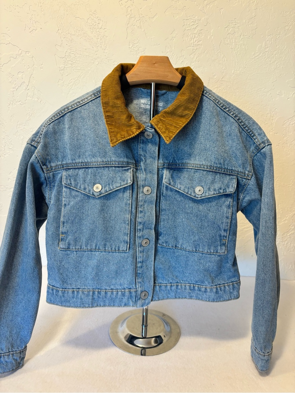 Weekend Academy Girls Cropped Denim Jacket Brown Corduroy Collar Size 10-12